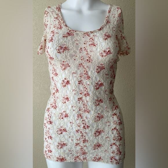 Maurices | Women's White Pink Floral Lace Sheer Short Sleeve Top | XS - Picture 1 of 3